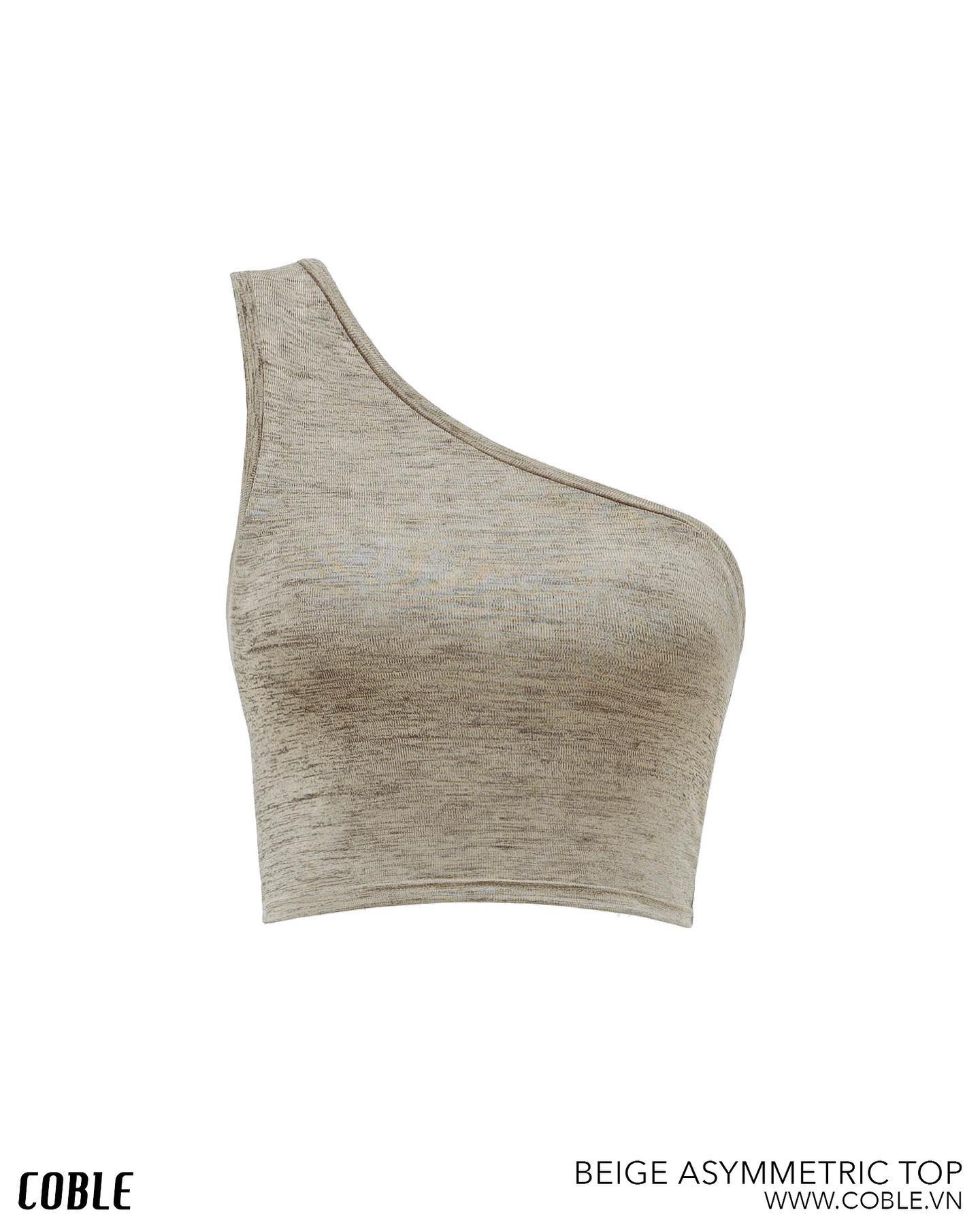 Beige Asymmetric Cropped Top - Áo Crop Top Cổ Lệch