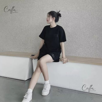 Bộ nữ cộc tay , set nữ ESS in logo dáng thể thao đơn giản màu đen Callm