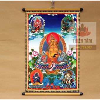Tranh mật tông thangka Ngũ bộ Thần Tài Jambala Tây Tạng 40x60cm bằng vải phủ bóng cao cấp dày dặn