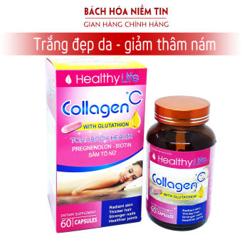 Viên uống đẹp da Collagen + C whith Glutathion- Thành phần collagen, sâm tố nữ biotin , thảo dược giúp đẹp da, tăng nội tiết tố nữ - Hộp 60 viên