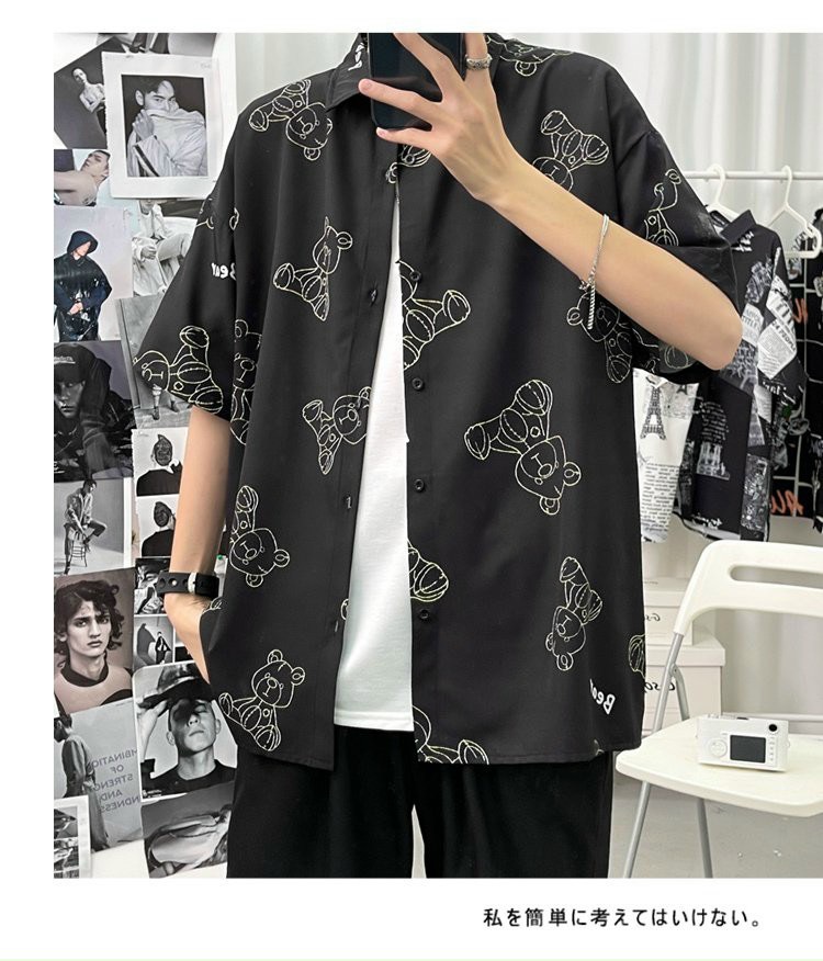 Áo sơ mi nam chuẩn Unisex tay ngắn form rộng họa tiết gấu chất vải voan lụa mềm mịn thoáng mát chất đẹp