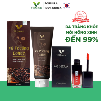 Bộ 2 Sản Phẩm V9Queen Gồm Tẩy Tế Bào Da Chết V9 Peeling Coffee 100ml & Son Kem Nhung Lụa V9 Hera 5ml