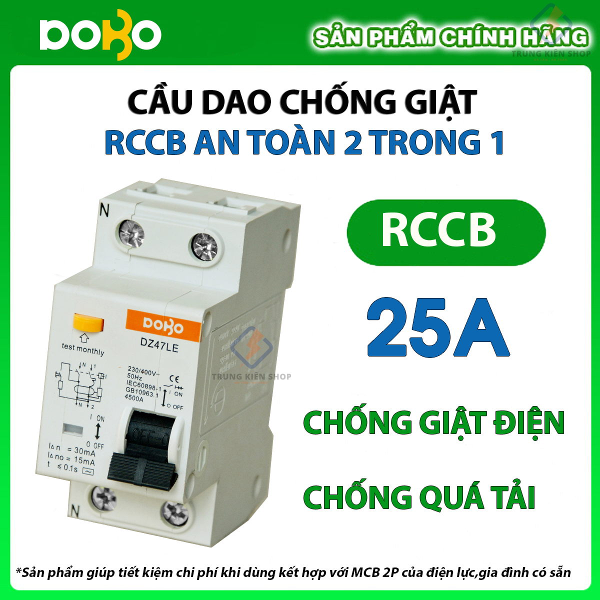 [HÀNG CHÍNH HÃNG] Cầu Dao Chống Giật RCCB 2P 25A - 20A - 16A 30mA DOBO KOREA  siêu nhạy - test giật trực tiếp - Hàng Tốt - Sản phẩm được Khách Hàng tin dùng 5 năm liền