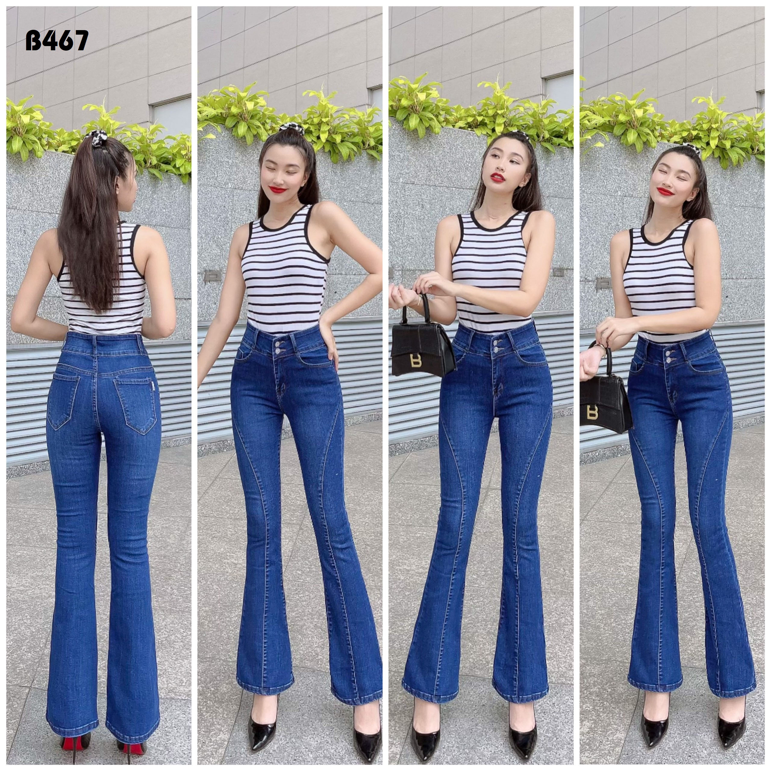 Quần jean quần bò nữ ống loe hai túi kiểu gân chéo trước màu xanh vi sinh màu B467