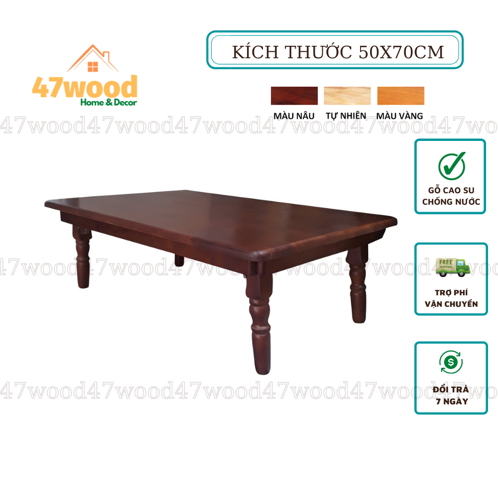 Bàn trà chân tiện xếp gọn kích thước 50x70cm gỗ cao su - Bàn gỗ cao su chân xếp 47wood