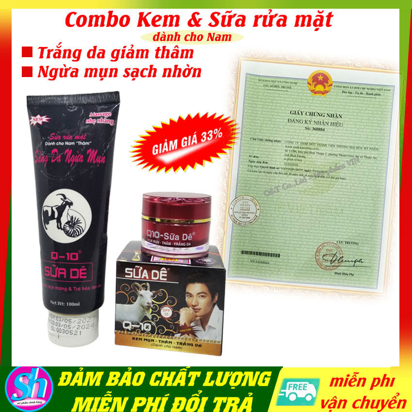 Combo dưỡng trắng da mụn thâm sẹo cho Nam Kem - sữa rửa mặt Q-10 sữa dê