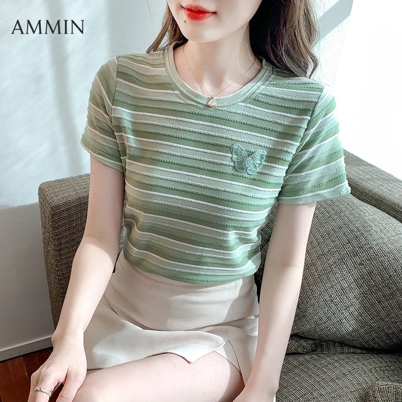 AMMIN Áo Cánh Thanh Lịch Thêu Bướm Ba Chiều Thời Trang Cổ Tròn Đơn Giản Phong Cách Hàn Quốc Áo Thun Cotton Kẻ Sọc Ngắn Tay Màu Sắc Mới Mùa Hè 2022 Cho Nữ Áo Ins