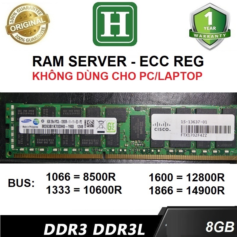 Ram Server DDR3 8GB ECC REG bus 1600 /12800R tháo máy bảo hành 1 năm, không dùng cho máy bàn PC thường