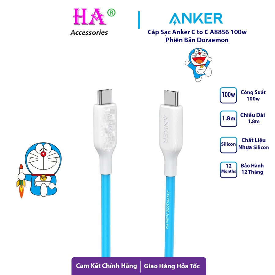 Cáp Sạc Anker Doraemon Usb C to C A8856 Hỗ Trợ Sạc Nhanh 100w Điện Thoại, Máy Tính