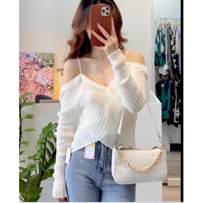 Áo trễ vai bèo chéo, áo 2 dây trễ vai dài tay cực xinh xắn