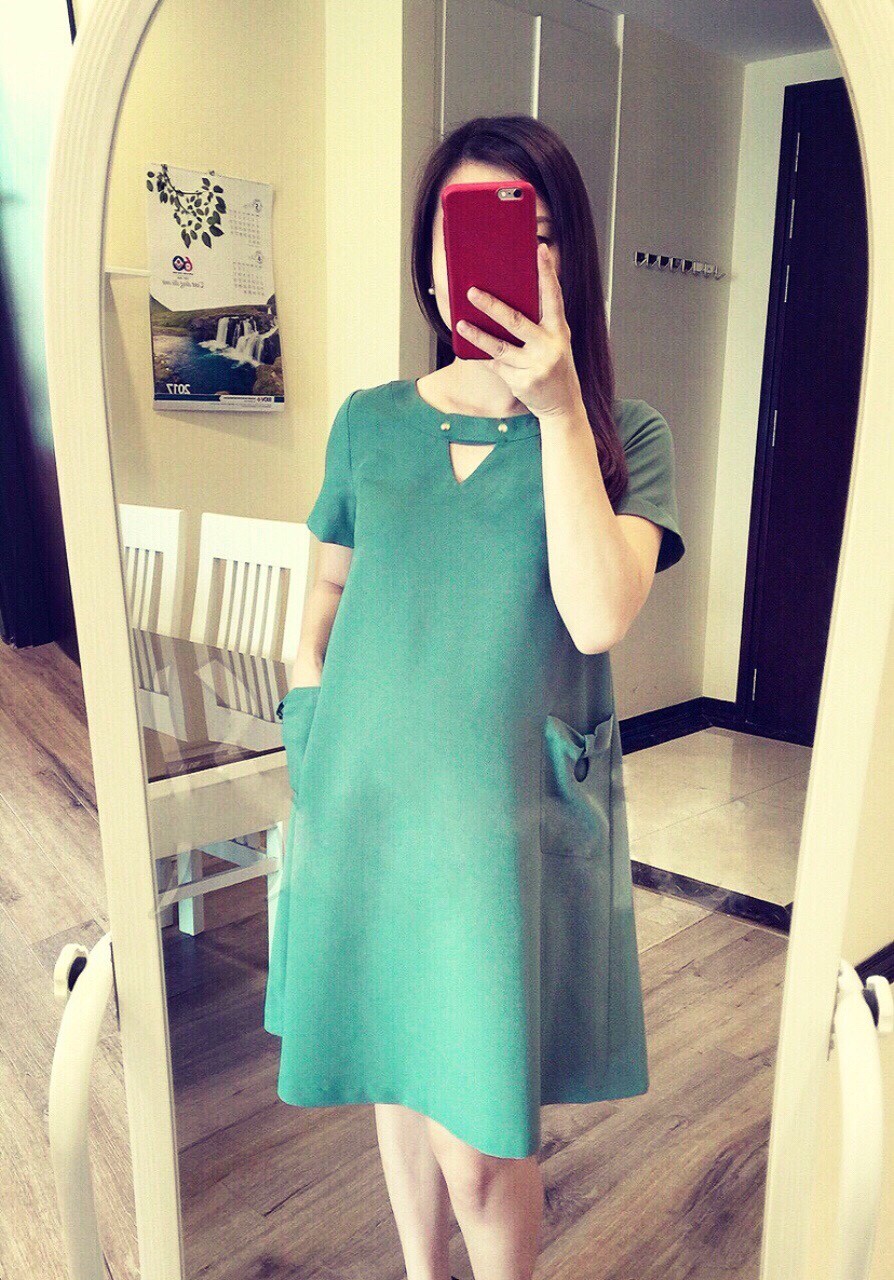 Đầm bầu suông cổ v 2 túi