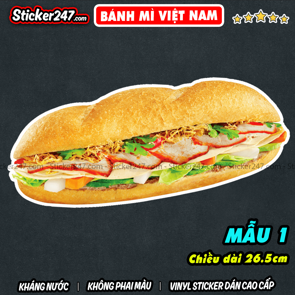 Decal Bánh mì Việt Nam Khổ Lớn Kháng Nước Sticker trang trí quán xe bánh mì decor quán dán tường kính