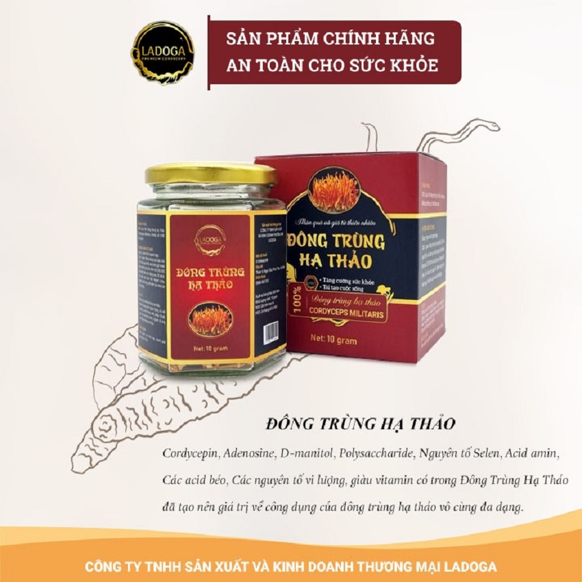 Đông trùng hạ thảo khô Ladoga hũ 10g sấy thăng hoa giúp tăng sức đề kháng, giảm mệt mỏi.