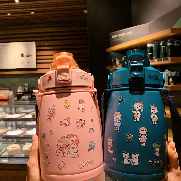 Bình giữ nhiệt, bình nước cho bé đi học có ống hút và quai đeo 800ML