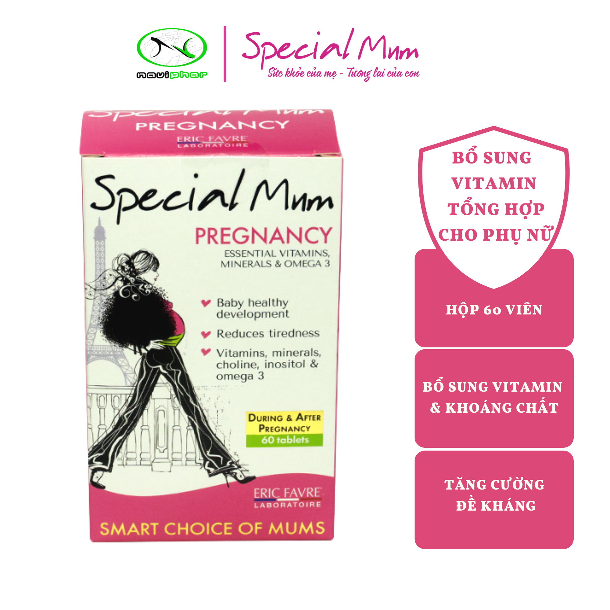 Viên bổ sung Vitamin tổng hợp cho mẹ trước, đang bầu và sau sinh - Special Mum Pregnancy - Hộp 60 viên nén[Eric Favre - Pháp]