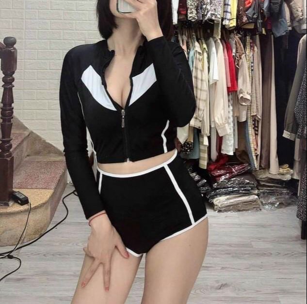 Bikini Đi Biển Đẹp, Đồ Bơi Nữ 2 Mảnh Kín Đáo Che Khuyết Điểm, Áo Tắm Nữ Dài Tay Kẻ Viền Hàn Quốc SAVVY