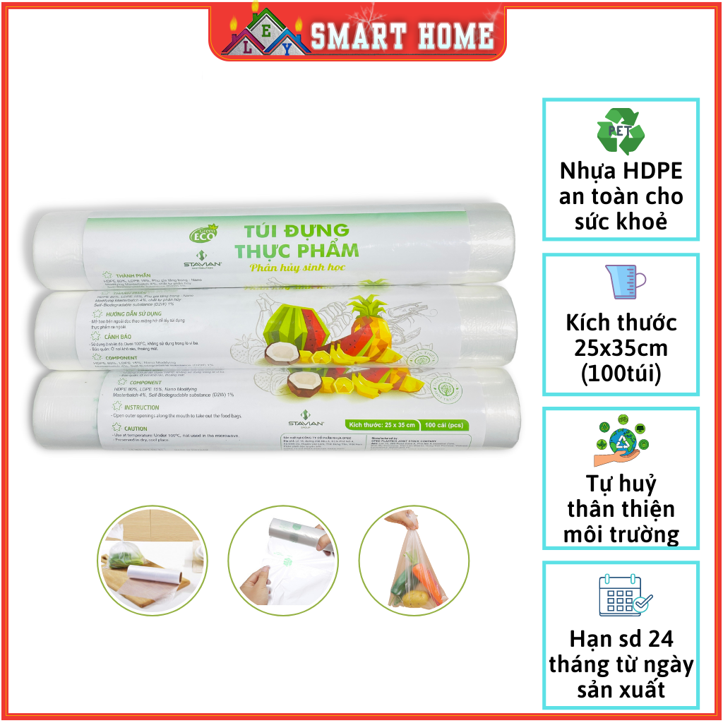 Túi Đựng Thực Phẩm Tự Hủy Sinh Học ECO kích thước 25*35cm Cuộn 100 túi