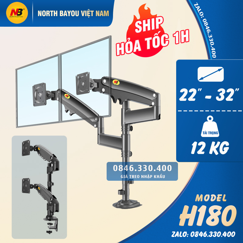 [New 2022] Giá Treo Hai Màn Hình NB H180 22-32 Inch - Giá Đỡ Màn Hình Kép Xếp Màn Trên Dưới