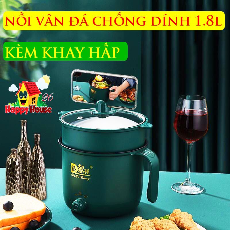  CA NẤU MÌ KIÊM NỒI LẨU ĐIỆN MINI  LUỘC TRỨNG SIÊU TỐC 1.8 LÍT LÒNG VÂN ĐÁ CHỐNG DÍNH CỰC TỐT CÓ TẶNG KÈM GIÁ HẤP 