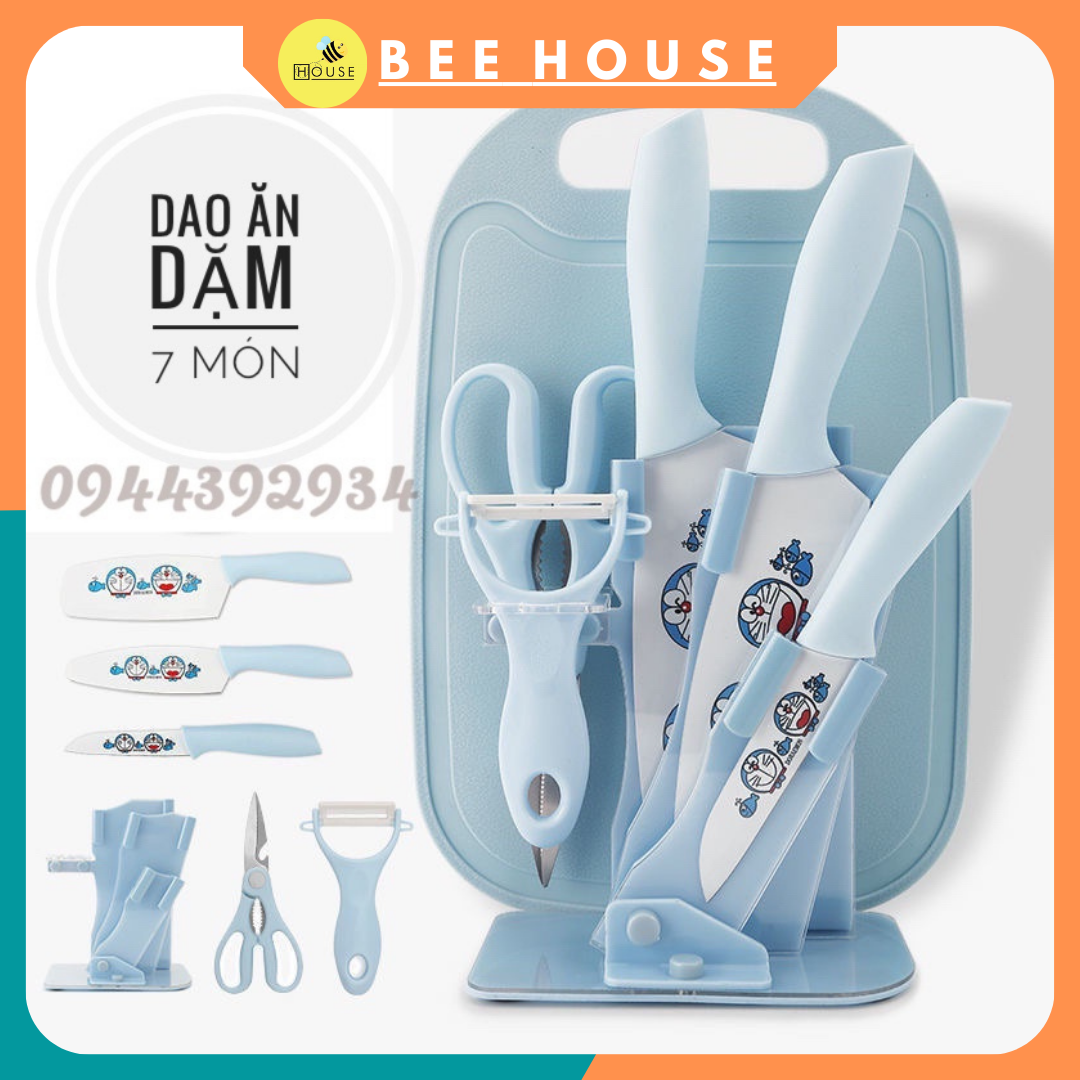 Bộ dao thớt 7 món - bộ dao nhà bếp thép không gỉ kháng khuẩn - dao ăn dặm cho bé doremon hello kitty đáng yêu