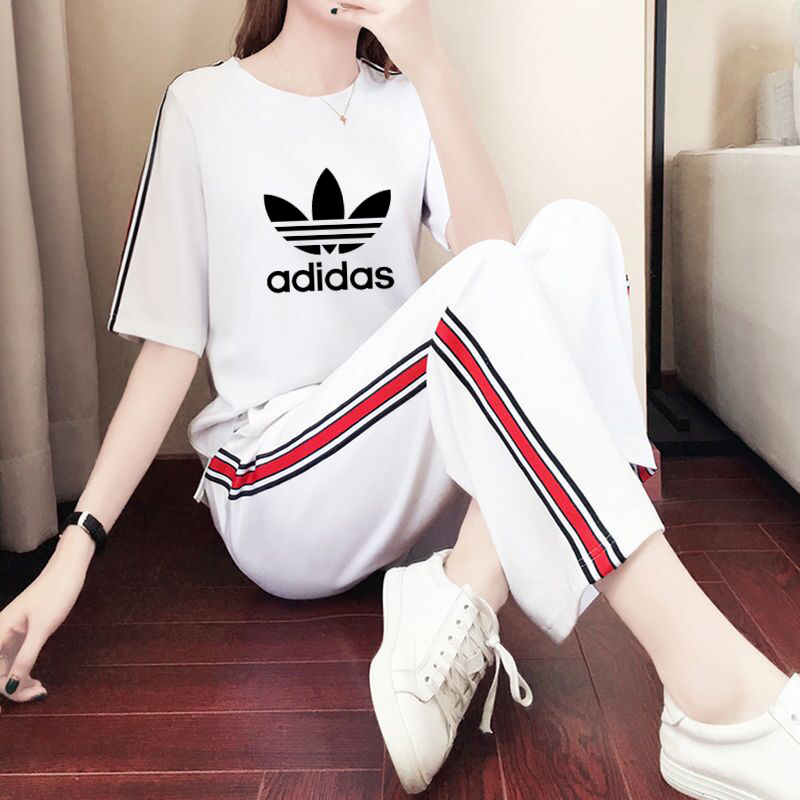 Adidaseˉ cao cấp áo thun tay ngắn 2 cái/bộ dễ phối đơn giản cho quý cô + quần dài để mặc và làm việc