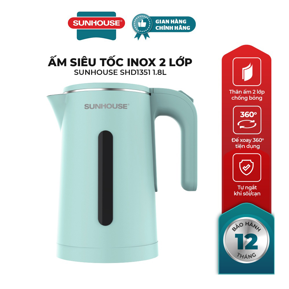 Ấm đun nước siêu tốc SUNHOUSE 2 Lớp cách nhiệt Dung Tích 1.8L - Công suất 1500W - SHD1351 - Bình đun nước siêu tốc
