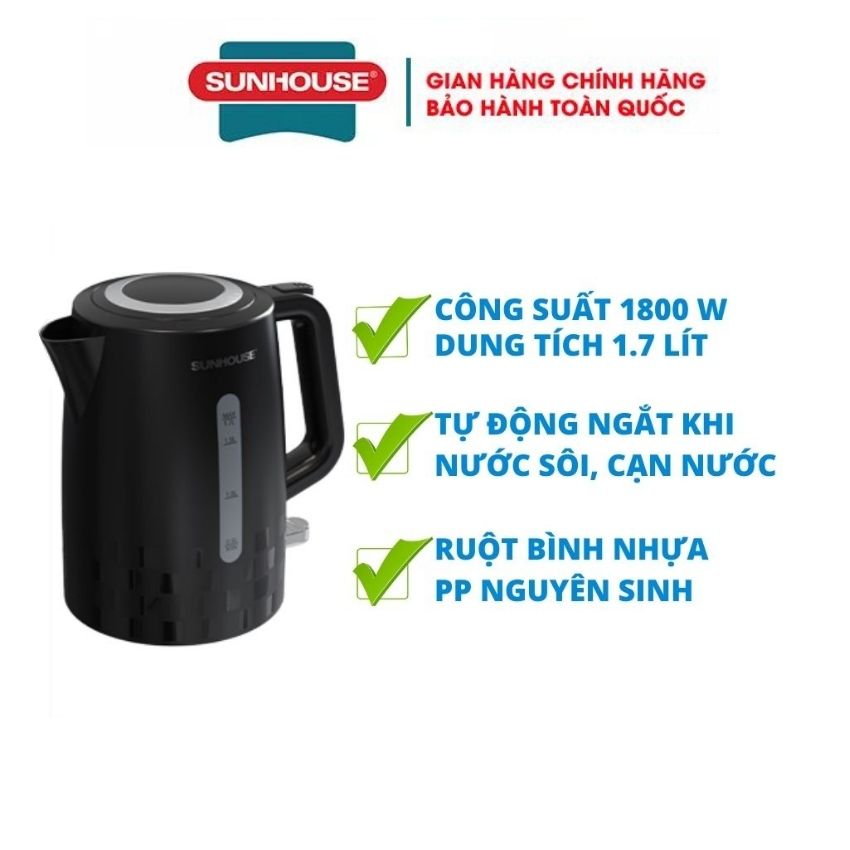 Ấm đun nước siêu tốc SUNHOUSE 1.8 Lít 1.7 lít nhiều kiểu dáng bình đun nước siêu tốc Tự động tắt khi sôi hoặc trào nước trong lúc đun an toàn với sức khoẻ