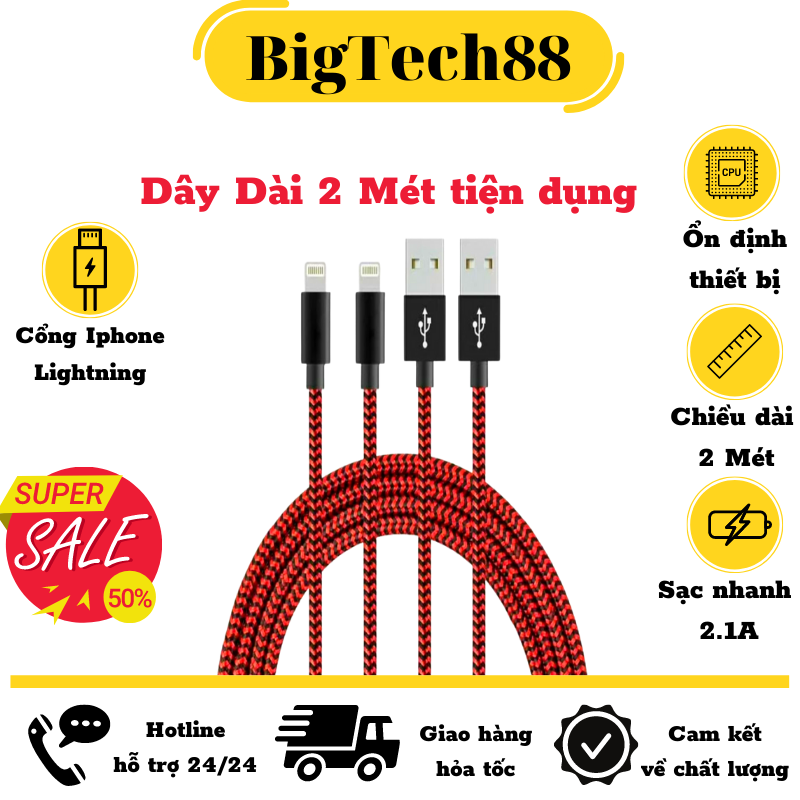 Dây sạc iphone, cáp sạc iphone, ipad bọc dù dài 2 mét, dây cáp sạc iphone hỗ trợ sạc nhanh siêu bền