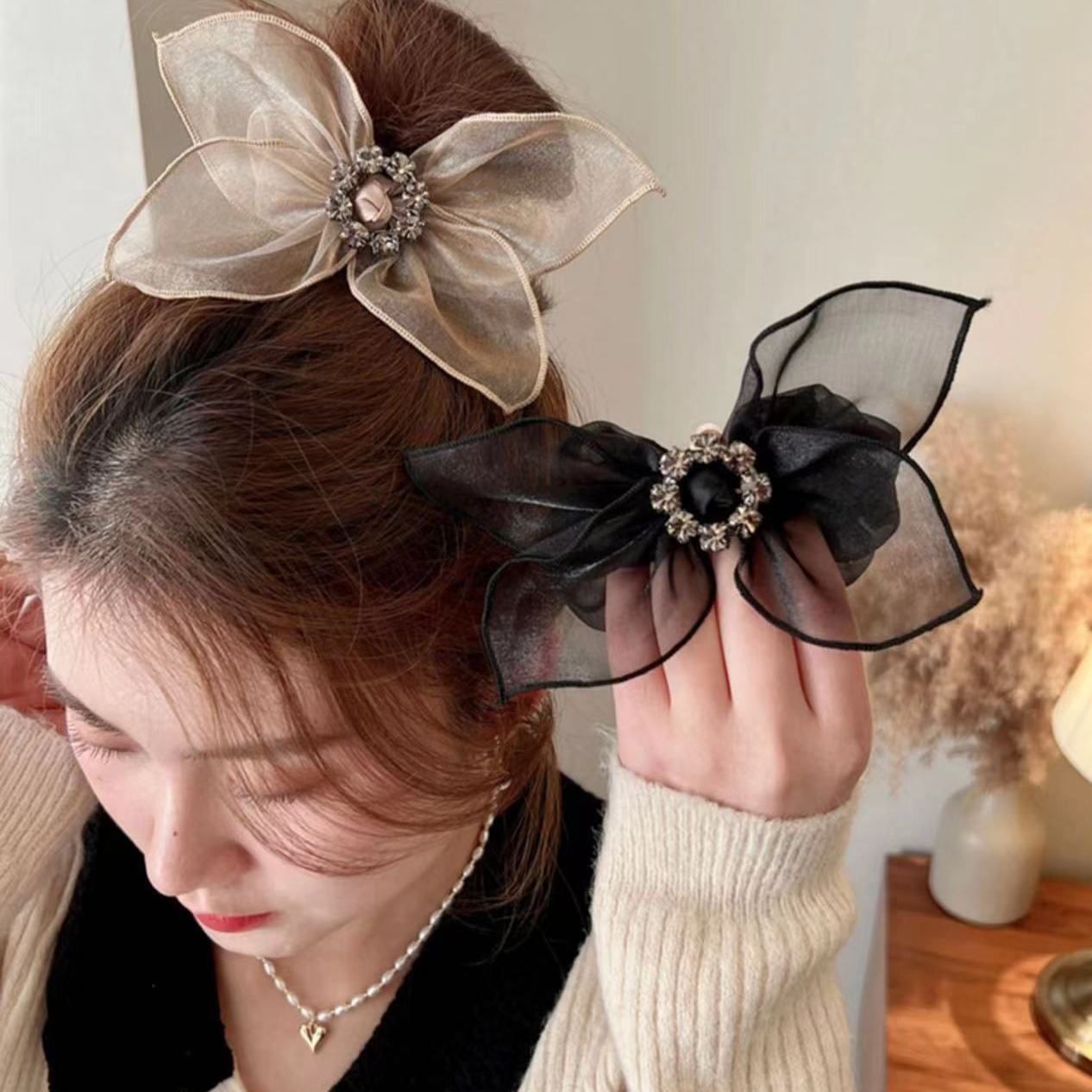 Dây buộc tóc nơ màu đen hình đầu hoa dây buộc tóc organza cá tính cho nữ dây buộc tóc organza dây cao su đàn hồi dây buộc tóc
