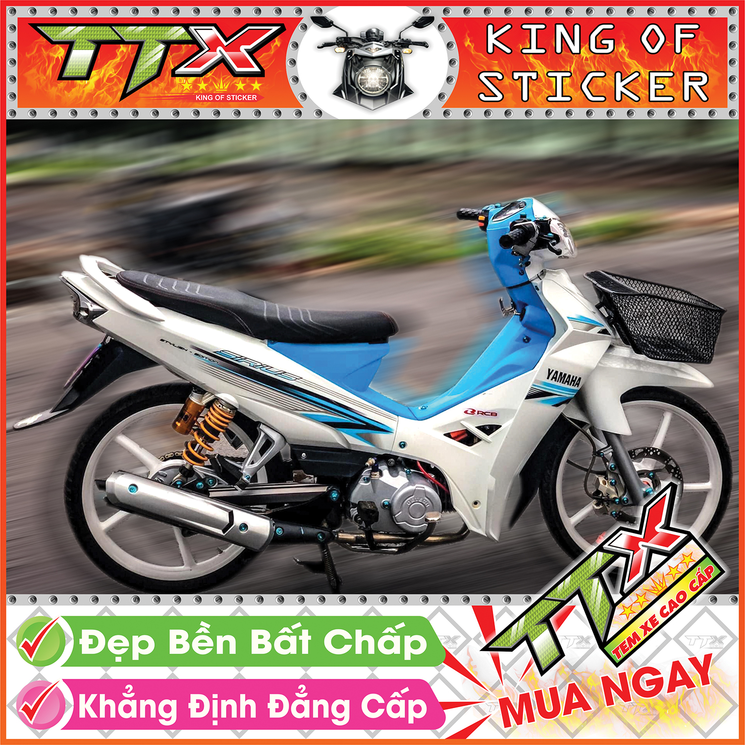 Tem sirius chỉ xanh , Tem xe phụ kiện sirius màu trắng xanh siêu đẹp , Shop TTX Team chế sirius