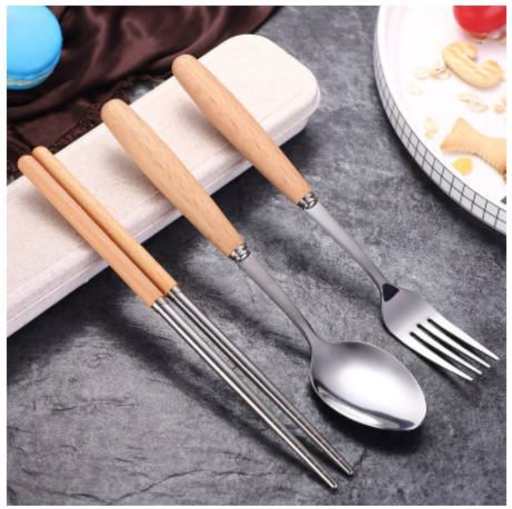 Bộ muỗng đũa cá nhân inox cán gỗ có hộp đựng lúa mạch an toàn sức khỏe, bộ đũa thìa văn phòng, bộ đũa thìa cá nhân, bộ đũa thìa dĩa nĩa