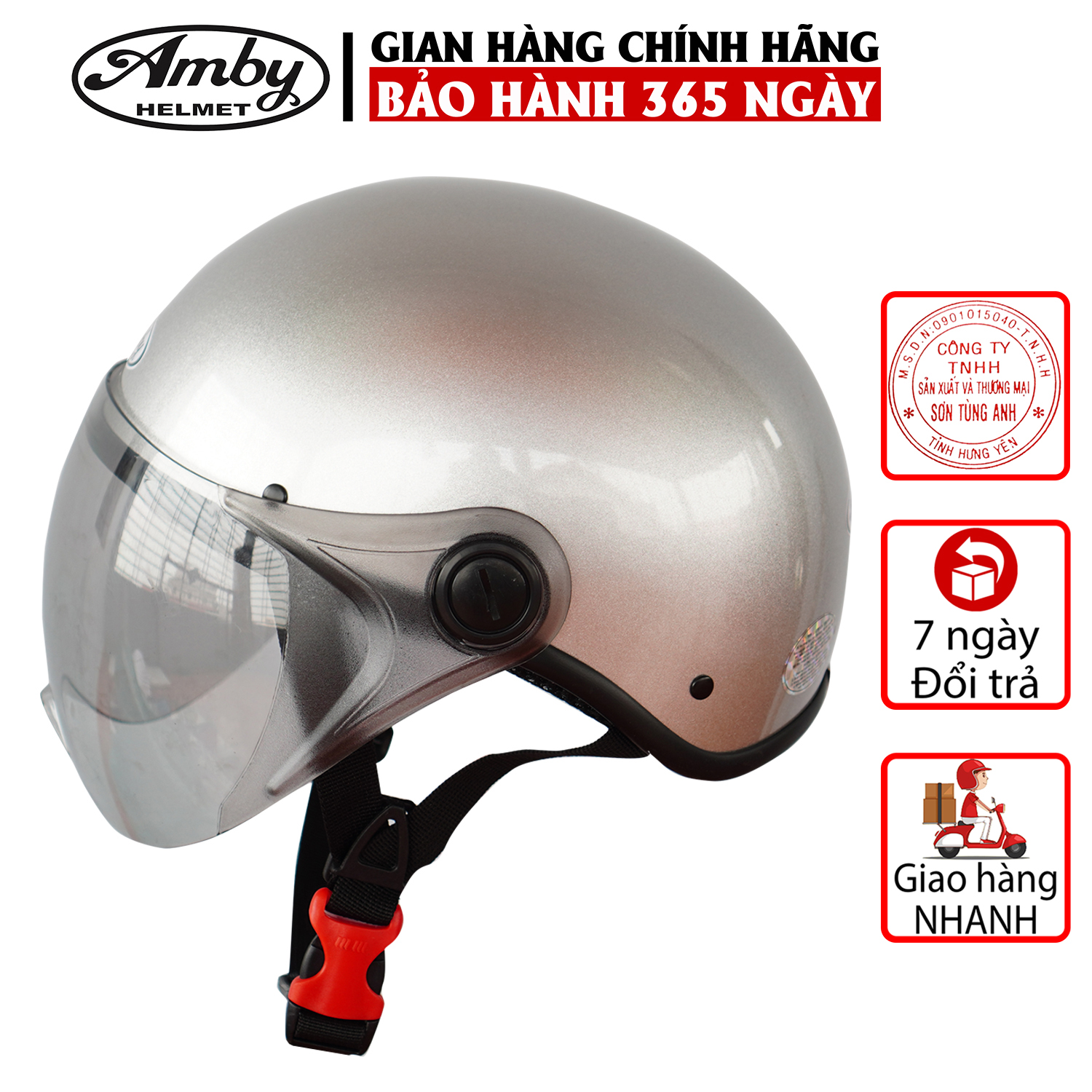 Mũ Bảo Hiểm Nửa Đầu Amby ST05, có kính che nửa mặt, kiểu dáng thời trang, khóa kim loại chắc chắn - Màu Bạc