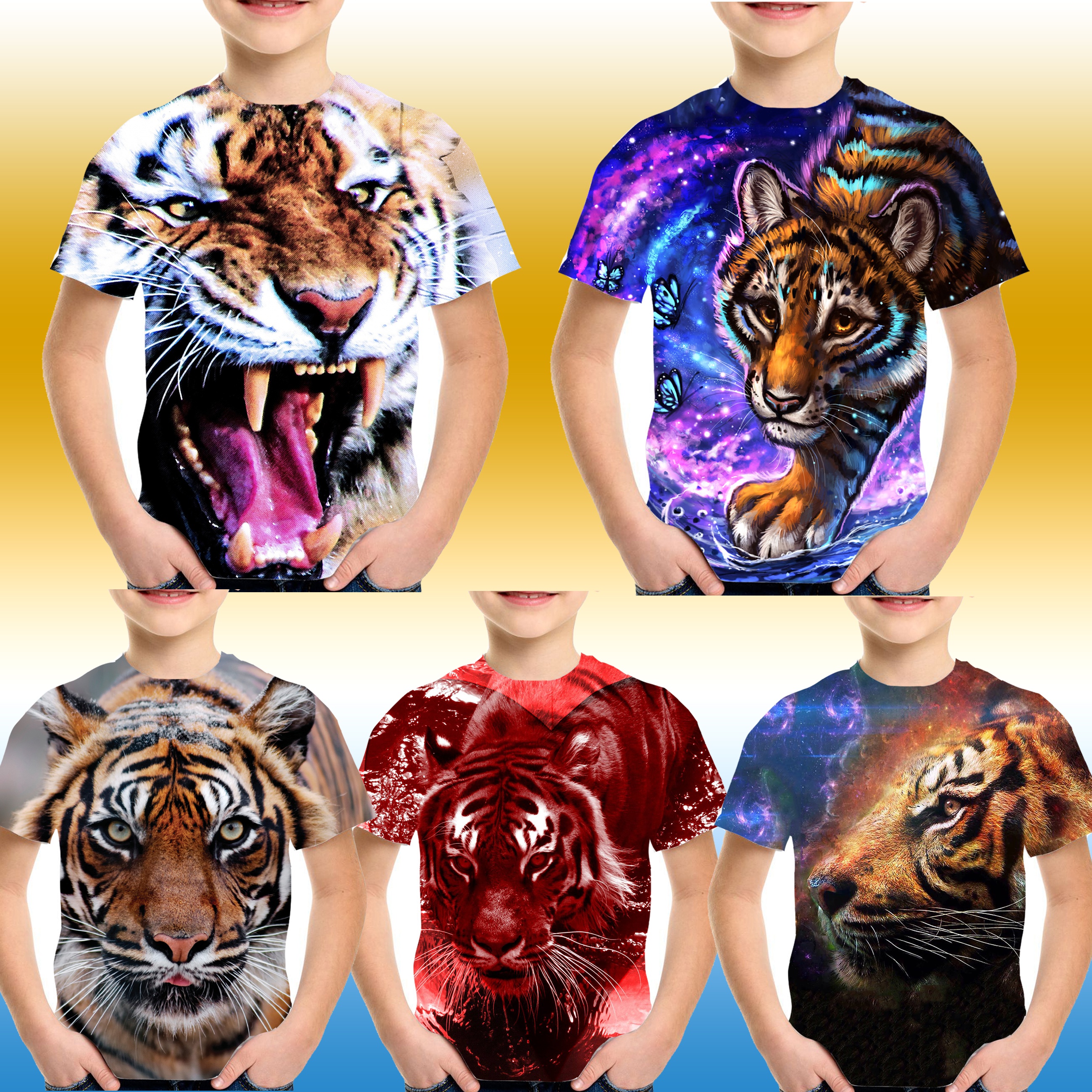 FiveEarl Kids Print 3D Tiger Head Tees Shirts for Youth Boys Girls 4-14 Years