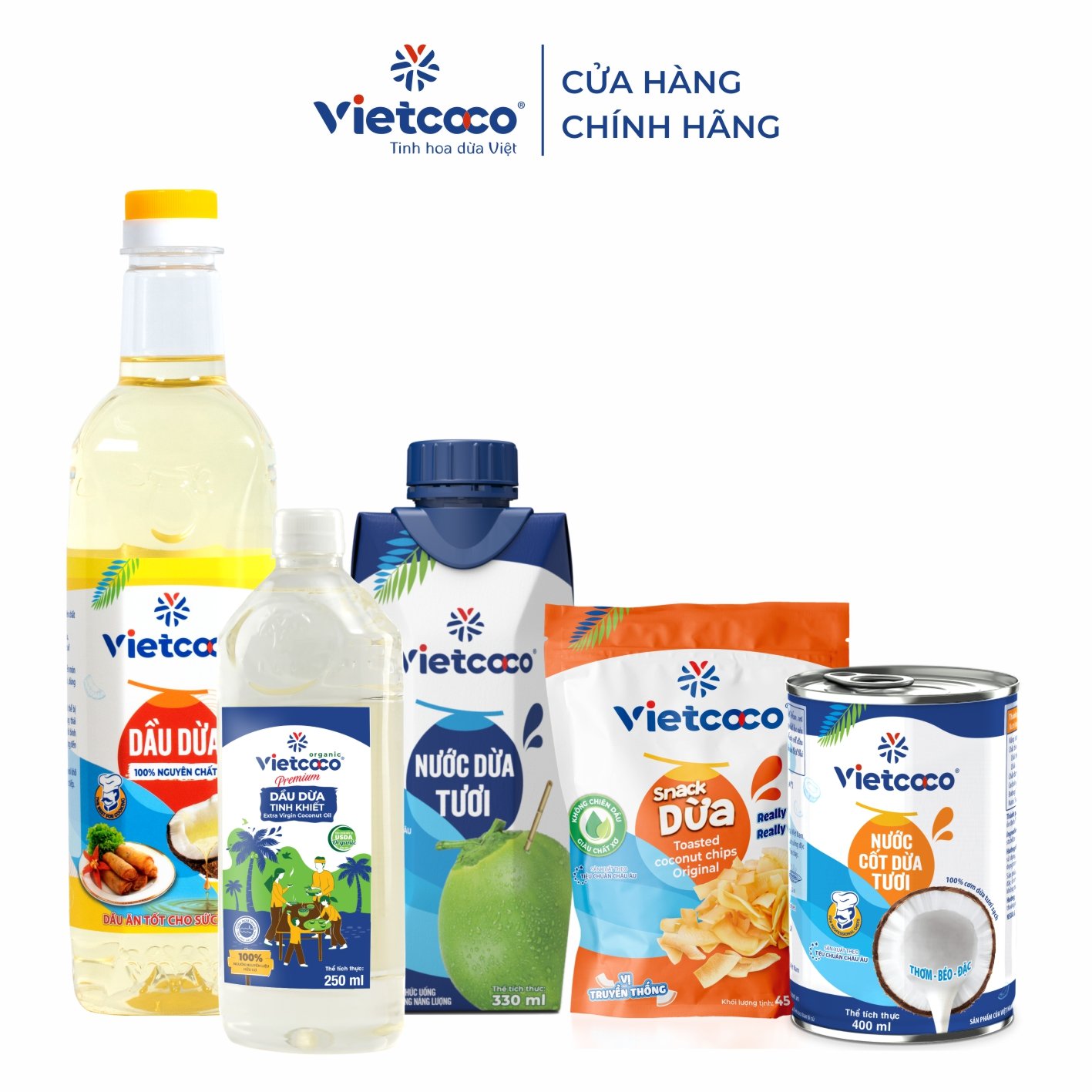 COMBO bàn ăn mùa thu Vietcoco (Dầu dừa cooking oil, Dầu dừa tinh khiết, Nước dừa UHT, Nước cốt dừa, Snack dừa)