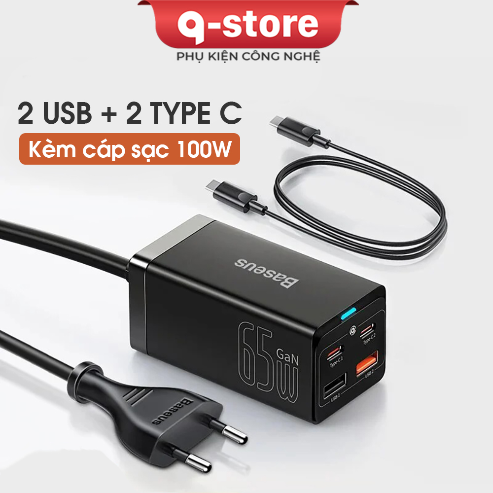 Bộ sạc nhanh baseus gan 3 pro, sạc nhanh 65w, 2 cổng usb, 2 cổng type c, kèm cáp 100w c to c