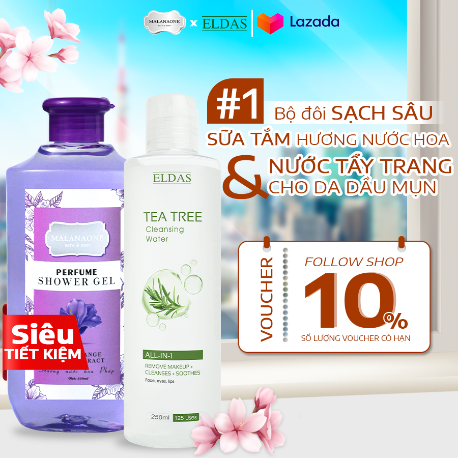 BỘ QUÀ TẶNG COMBO SỮA TẮM THƠM LÂU HƯƠNG NƯỚC HOA MALANAONE 330ML VÀ NƯỚC TẨY TRANG CHO DA DẦU MỤN ELDAS CHIẾT XUẤT TRÀM TRÀ 250ML
