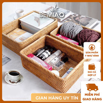 Giỏ mây tre đan Vintage, khay mây Chữ Nhật đựng đồ đa năng Mây tre đan cao cấp xuất khẩu Bemiao Shop