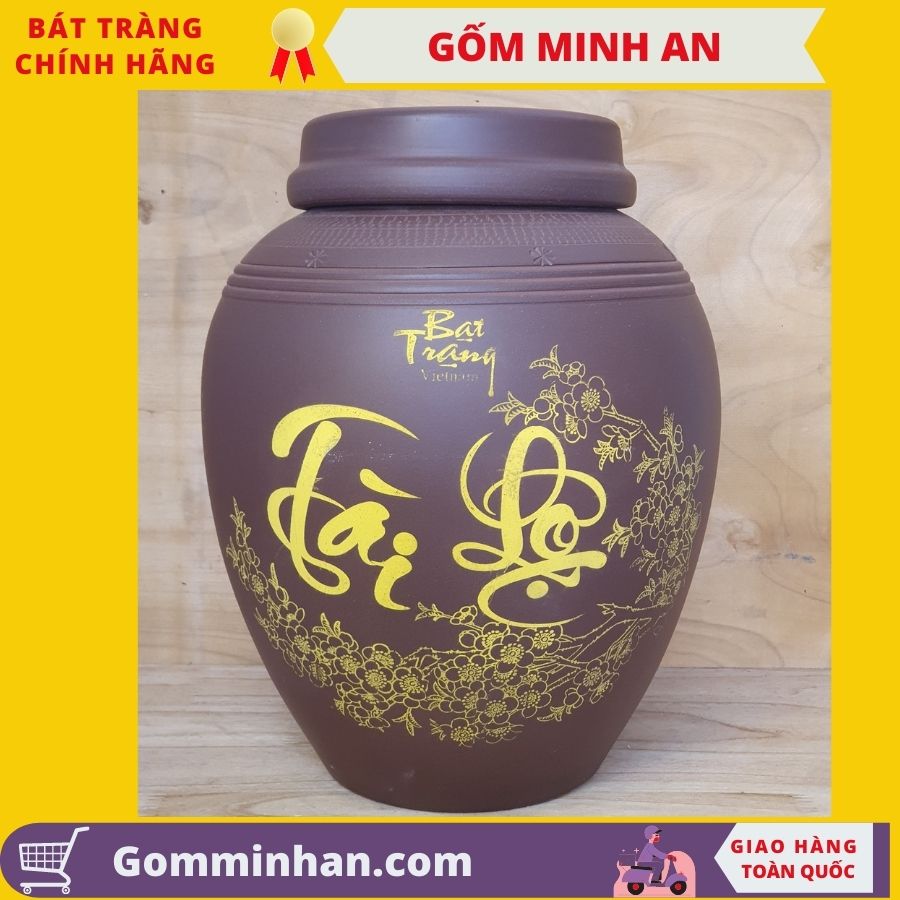 Chum sành hũ sành đựng gạo bát tràng hoa văn Tài Lộc dung tích 10l