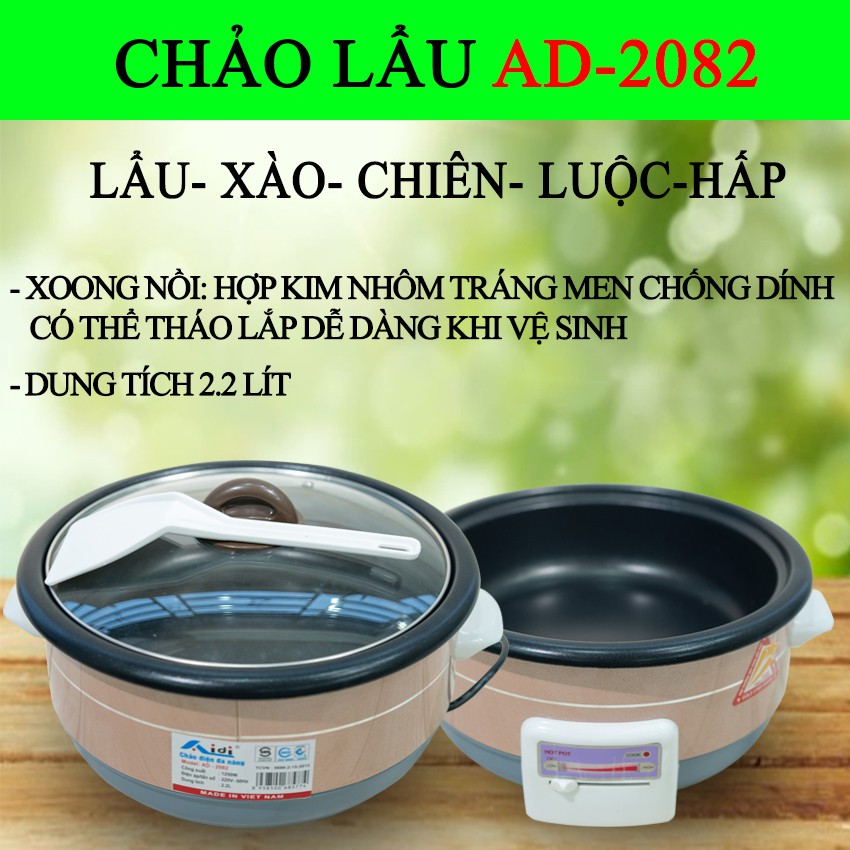 (Hàng Chính Hãng) Chảo Lẩu Điện Đa Năng AIDI 2082, Nồi Lẩu, Chảo Lẩu Aidi Thiết Kế Nhỏ Gọn, An Toàn Về Điện AD2082, Dùng Chiên Xào, Ninh Hầm, Nấu Soup, Chè.. Chịu Nhiệt Tốt, Công Suất Lớn 1250W-220V, Sôi Rất Nhanh. Bảo Hành Tốt