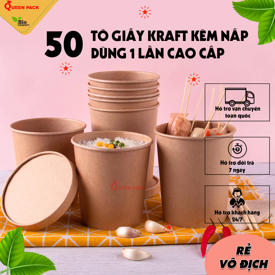 Sỉ 50 tô giấy kraft đựng bún cháo canh phở kèm nắp giấy karft dùng 1 lần cao cấp