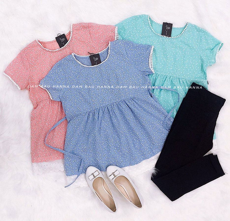 [HANNA] Áo bầu công sở mùa hè vải hoa nhí lailun cotton cao cấp thấm hút mồ hôi tốt mát mùa hè free size 40-70kg có túi áo bên sườn tiện lợi