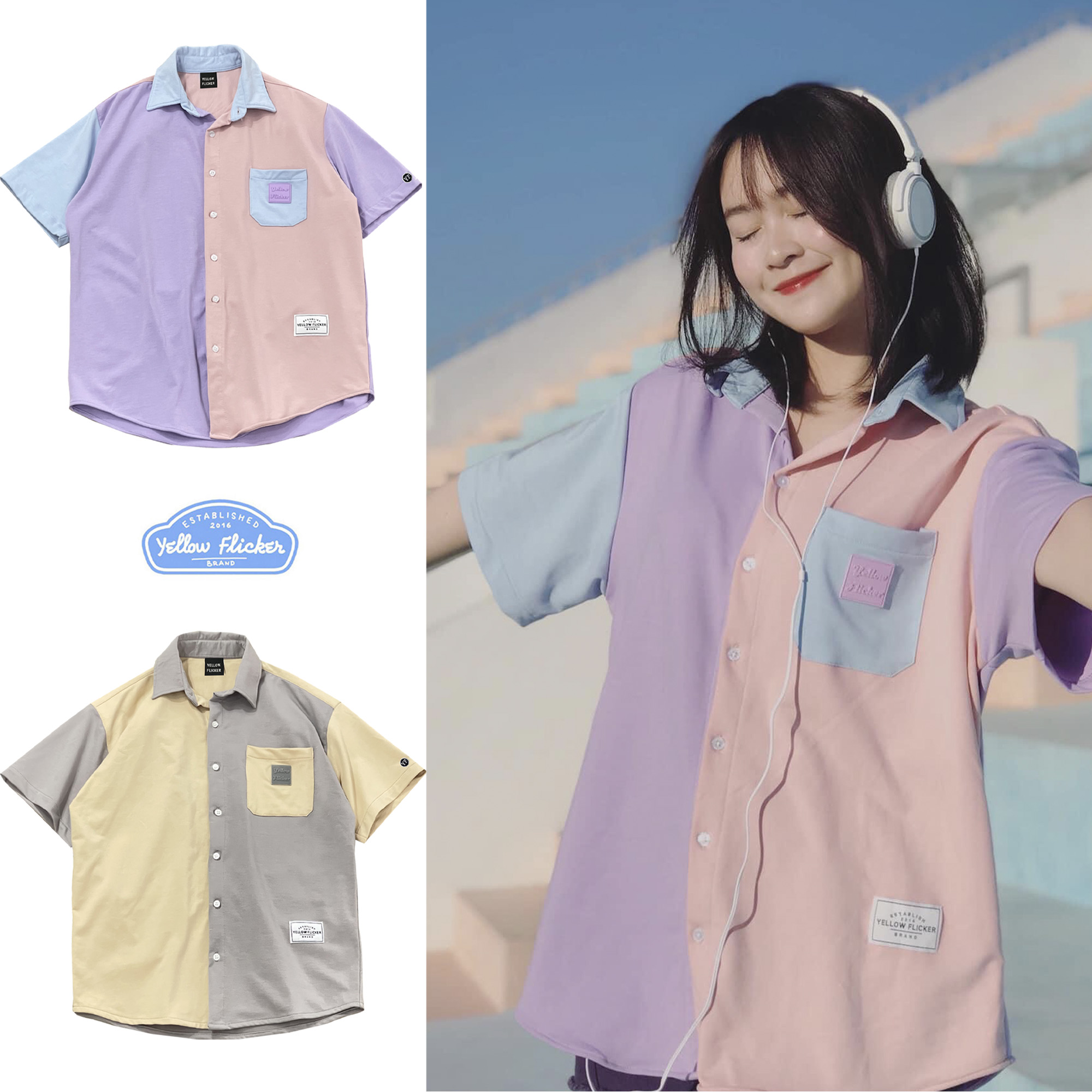 Áo somi tay ngắn yellow flicker phối màu unisex