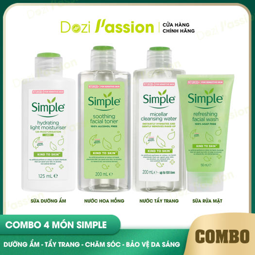 Combo Bộ Dưỡng Da Simple Cho Da Dầu, Mụn, Nhay Cảm Chính Hãng (Nước Tẩy Trang, Sữa Rửa Mặt, Toner, Kem Dưỡng)
