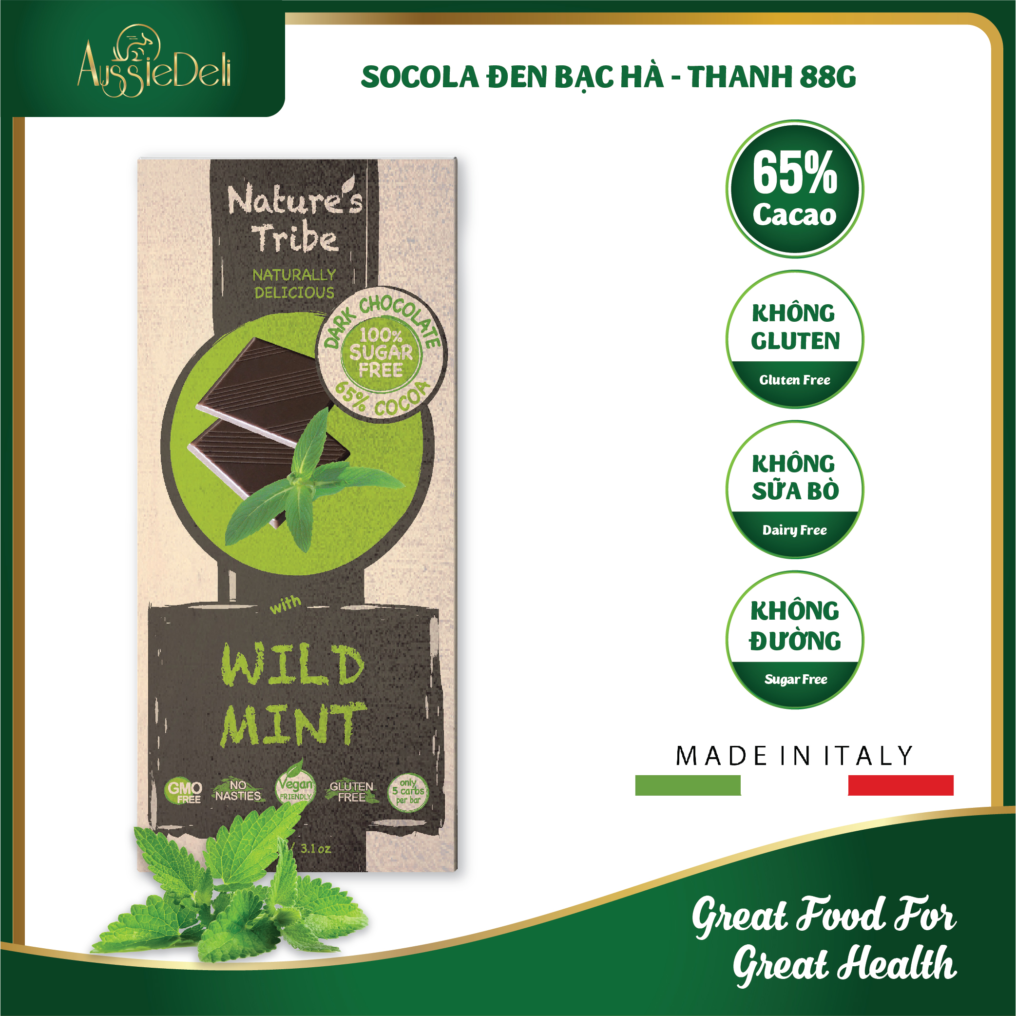 Hộp 88gr - Socola Đen Hương Vị Bạc Hà Không Đường 75% Cacao - NATURE'S TRIBE - Nhập Khẩu Từ Úc