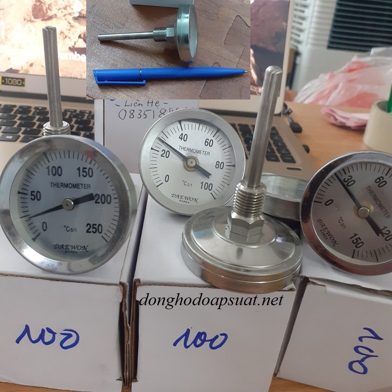 Đồng hồ đo nhiệt độ bằng inox dạng cơ daewon 100 độ c loại nhỏ : mặt 5cm - chân cảm ứng 7cm