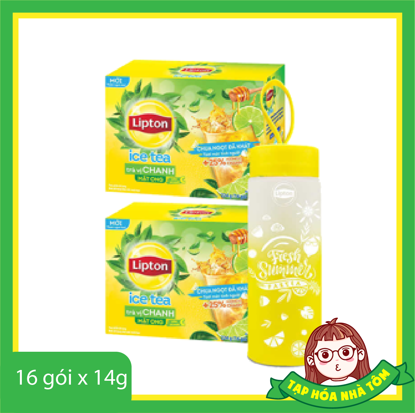 Combo 2 Hộp Trà Lipton Ice tea vị chanh mật ong 14g x 16 gói TẶNG 1 bình thủy tinh cao cấp