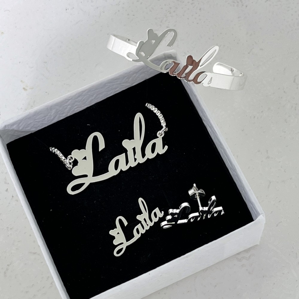 DUOYING Custom Nameplate Jewelry Set Personalized Name Bangles Customized Letter Studs Chain ID Necklace For Kids Gft