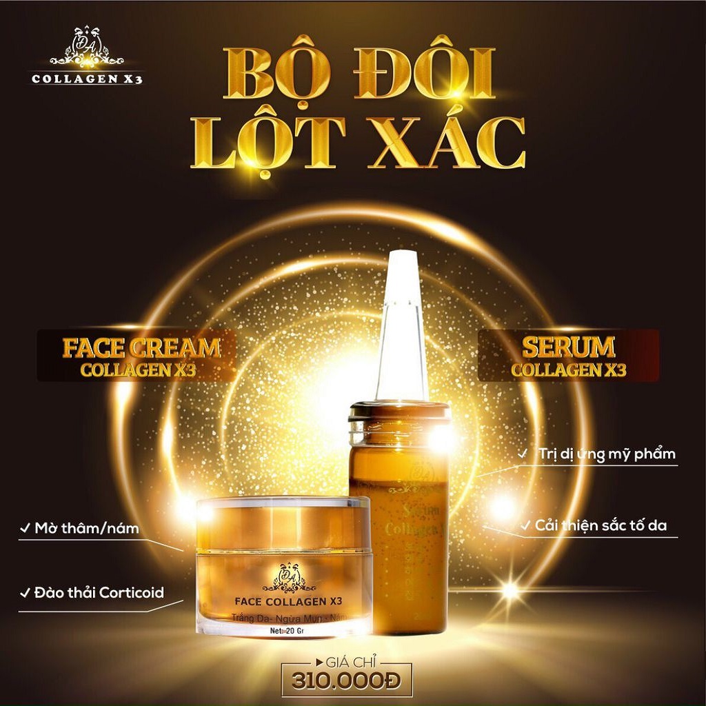 [HCM] Combo dưỡng da, phục hồi hư tổn da gồm kem face collagen x3 và Serum collagen x3
