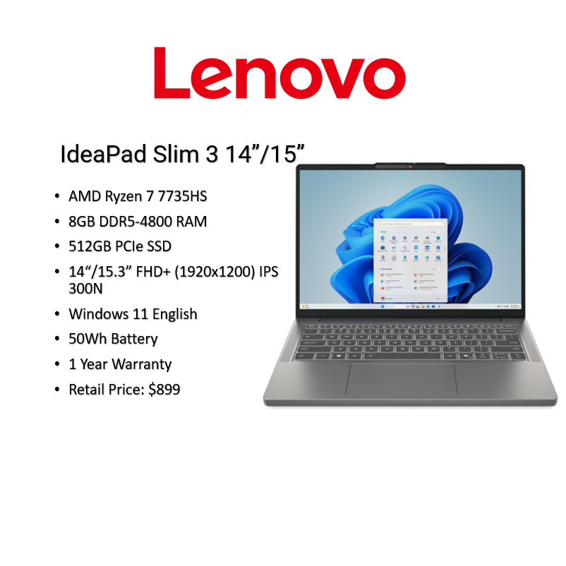 Lenovo IdeaPad Slim 3 Laptop AMD R7-7735HS 8GB RAM...