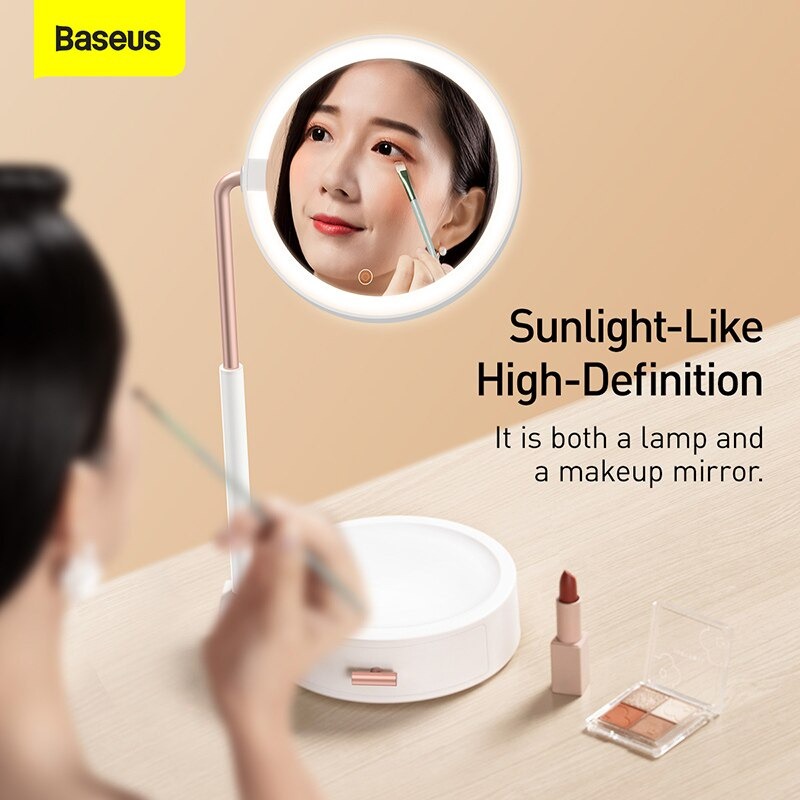 Gương trang điểm có đèn led để bàn baseus có hộp đựng mỹ phẩm mặt gương 4.5inch